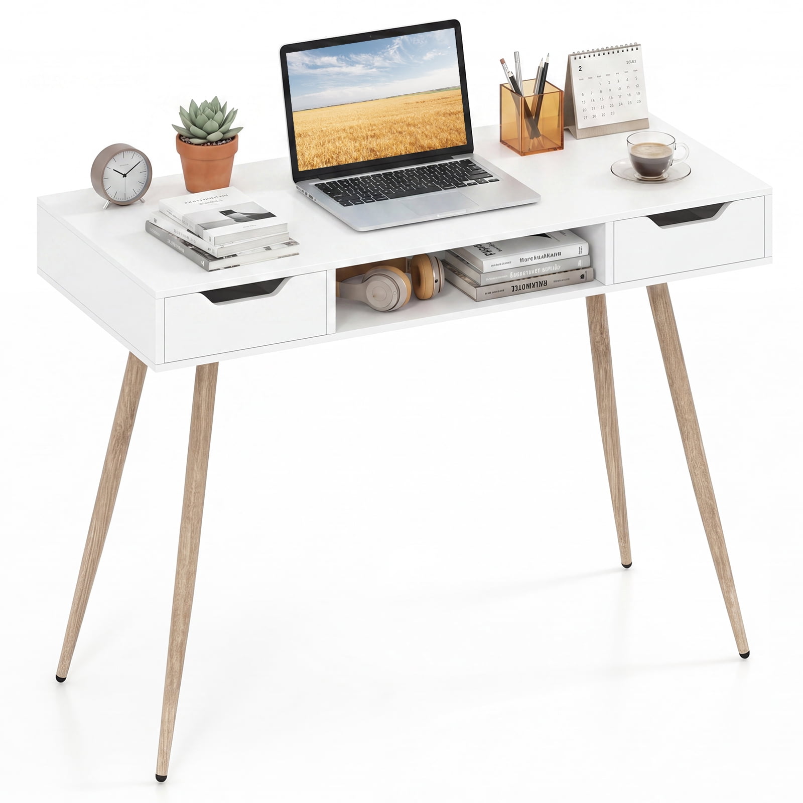 Storage Computer Compartment Costway Computer Desk with Drawers, Open Storage Compartment for Small ...