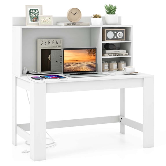 Costway Computer Desk with Hutch 2 Power Outlets USB & Type-c charging Ports 3 Shelves White