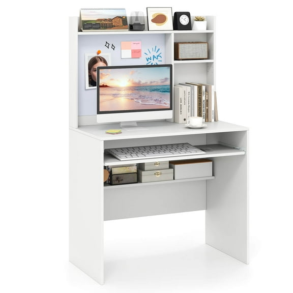 Costway Computer Desk with Hutch Space Saving Laptop Desk with Magnetic Whiteboard