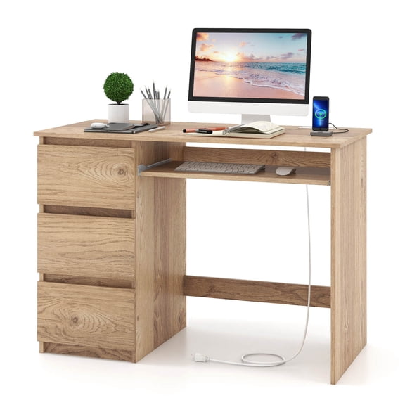 Costway Computer Desk with Outlet Keyboard Tray & 3 Large Drawers Type-C & USB Ports
