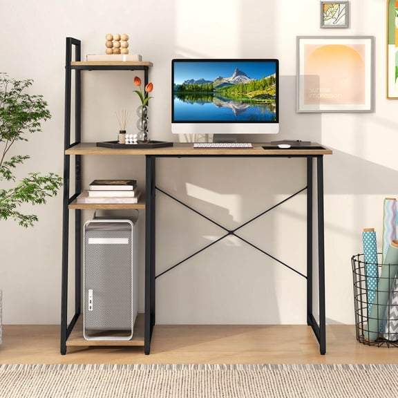 Costway Computer Desk with Shelves Study Writing Desk Workstation with Bookshelf Natural