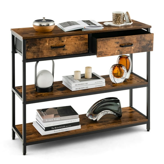 Costway Console Entryway Table Sofa Side Table with Folding Fabric Drawers for Living Room Rustic Brown