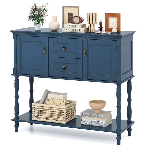 Costway Console Table with 2 Drawers & 2 Door Cabinets, Open Storage Shelf for Living Room Blue