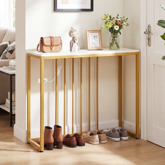 Costway Console Table with Built-in Charging Station, Heavy-Duty Metal Frame for Foyer