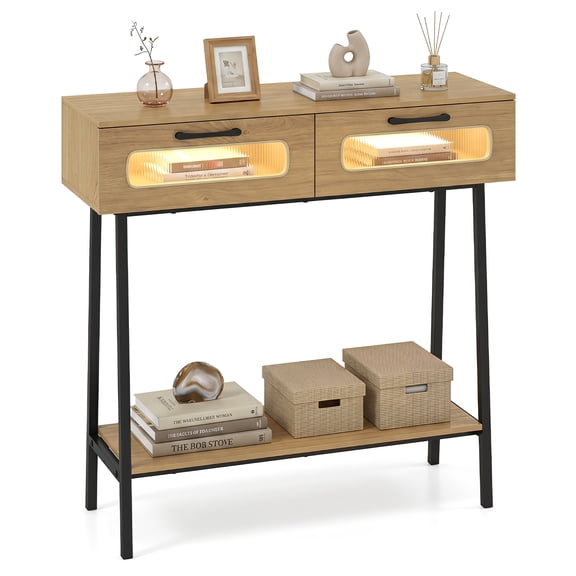 Costway Console Table with LED Lights, 2 Storage Drawer, Open Shelf, Heavy-duty Metal Frame Natural & Black