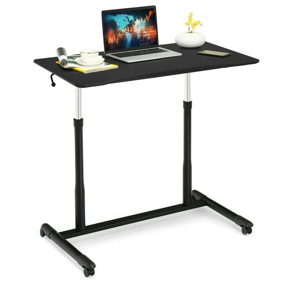 Costway Contemporary Wood Adjustable Height Rolling Computer Desk in Black