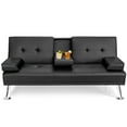 Costway Convertible Futon Sofa Bed, Black PU Leather with Folding Cup