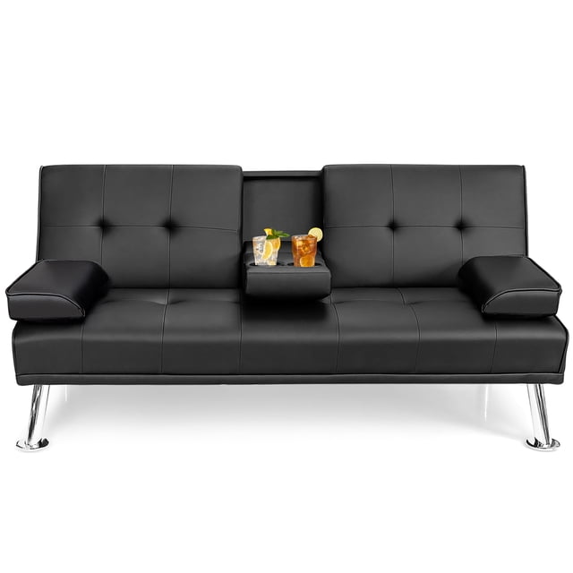 Costway Convertible Futon Sofa Bed, Black PU Leather with Folding Cup ...