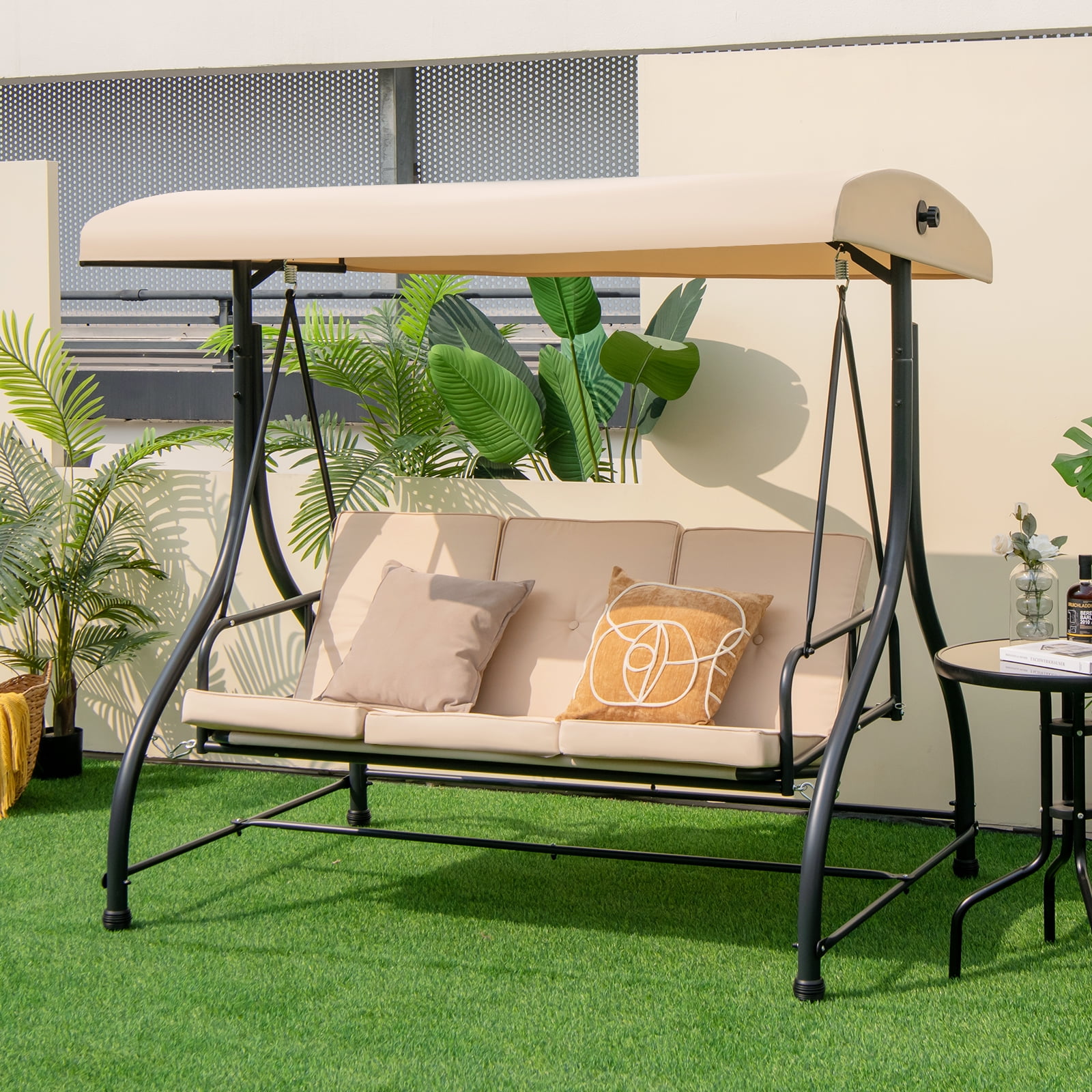 Costway Convertible 3-Seater Outdoor Swing Hammock Canopy for Porch, Patio & Backyard, Weather-Resistant Beige Furniture