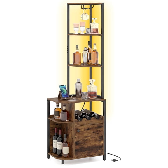 Costway Corner Bar Cabinet with LED Lights & Charging Station, Glass Holder, Open Shelves