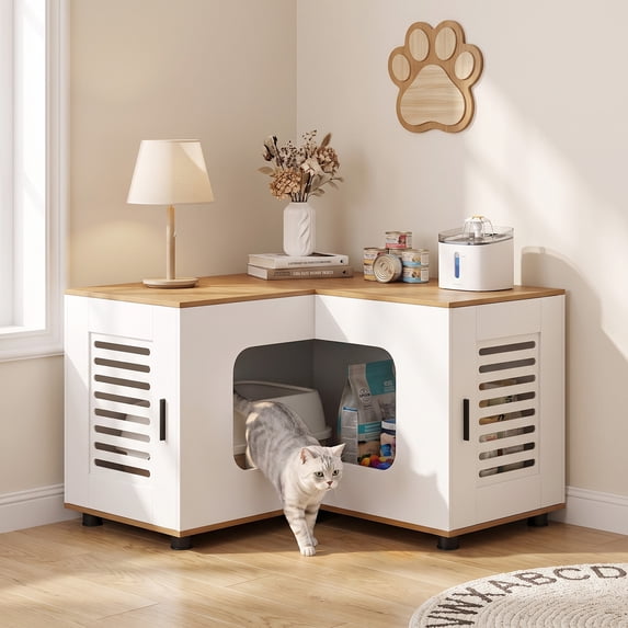 Costway Corner Cat Litter Box Enclosure Hidden Litter Box Furniture ...