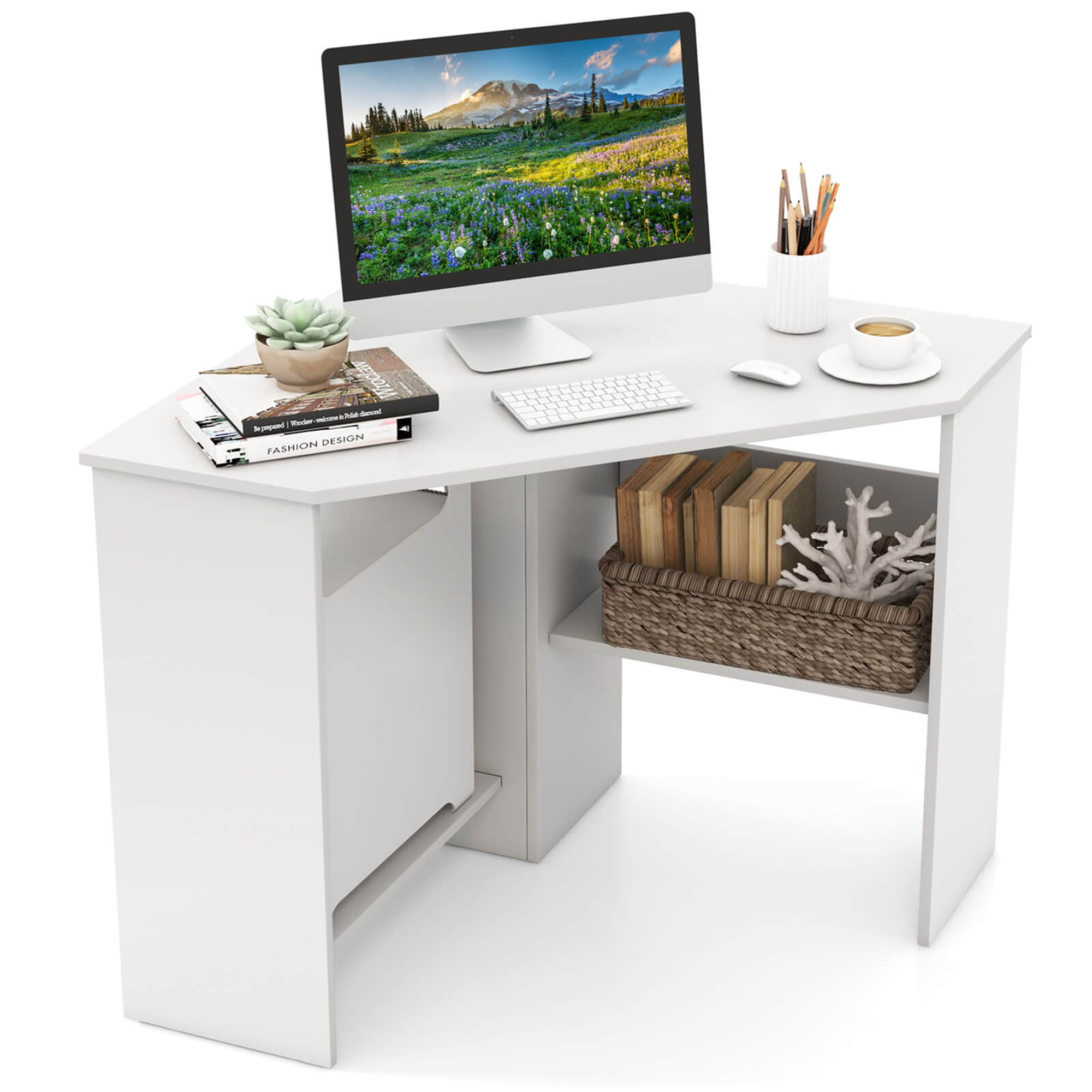 White Wood Corner Computer Desk with Storage Shelves