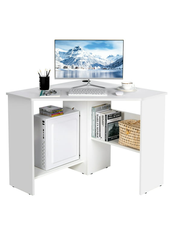Costway Corner Computer Desk Triangle Writing Workstation w/ Storage Shelf White