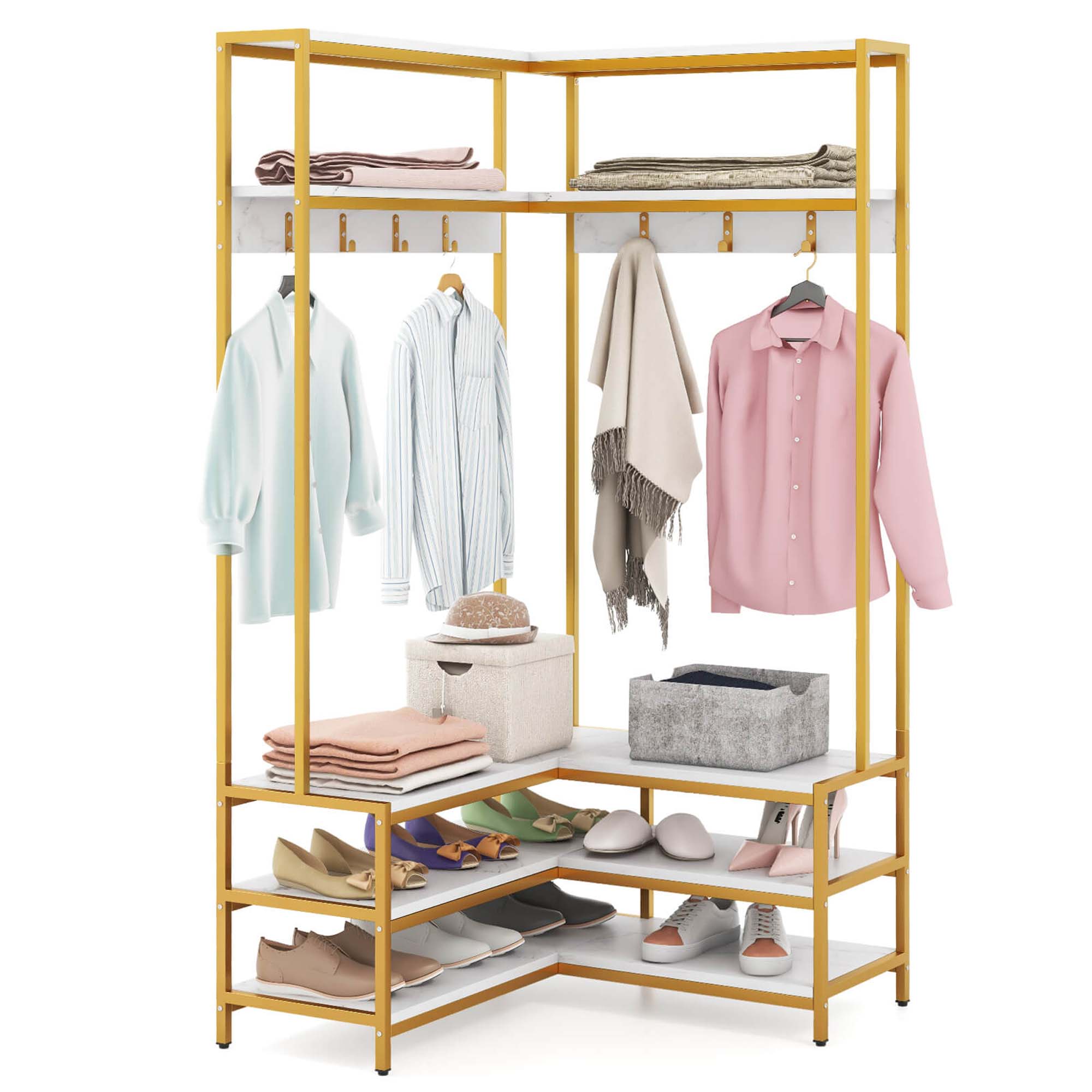 Costway Corner Garment Rack L-shaped Clothes Rack with Open Shelves ...
