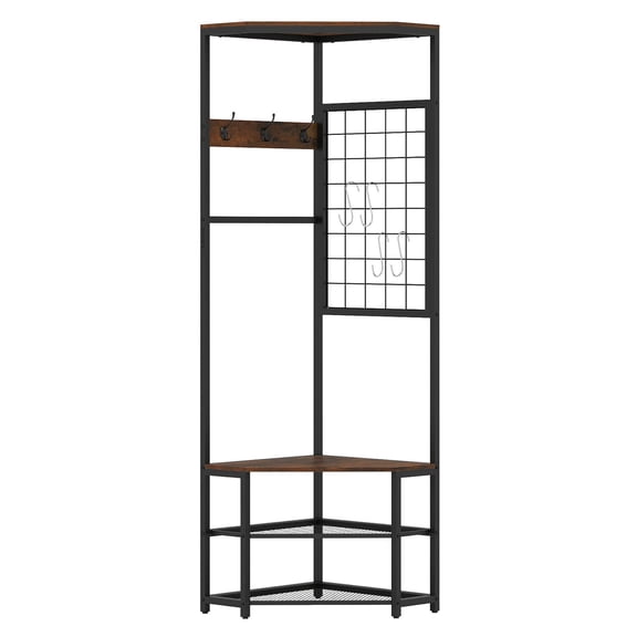 Costway Corner Hall Tree, Freestanding Coat Rack with Storage Shelves & Removable Hooks Rustic Brown + Black