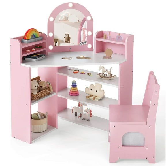 Costway Corner Kids Vanity with Lights, 3 Storage Shelves, 5 Open Compartments, Accessories Pink + White