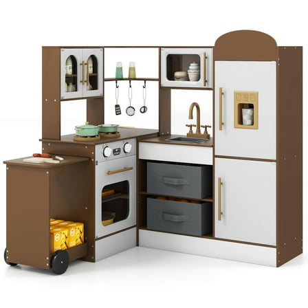 Costway Corner Kitchen with Lights and Sounds Interactive Wooden Playset Toy Kitchen Set Brown