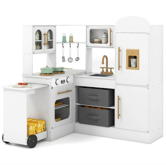Costway Corner Kitchen with Lights and Sounds Interactive Wooden Playset Toy Kitchen Set White
