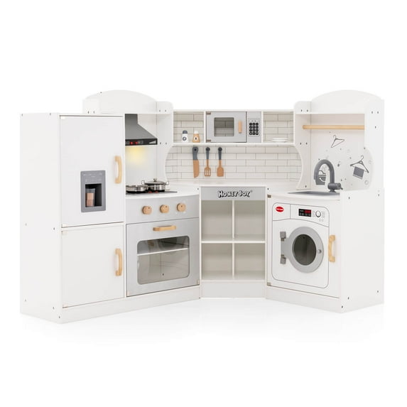 Costway Corner Play Kitchen Toddler Kitchen Playset with Range Hood, Ice Maker, Microwave White