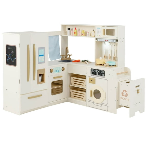 Costway Corner Play Kitchen with Lights & Sounds Wooden Toy Kitchen Set Storage for Ages 3+ Beige