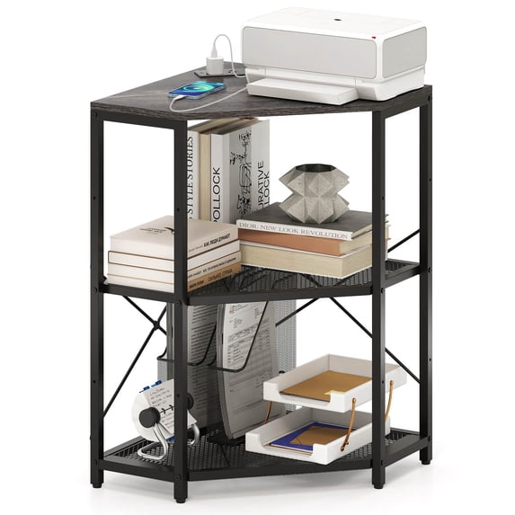 Costway Corner Printer Stand with Charging Station Adjustable Metal Mesh Shelf Black
