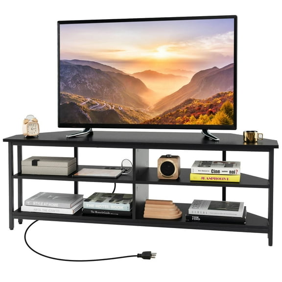 Costway Corner TV Stand for TVs up to 65" TV Console Table with AC Outlets&USB A Ports Black