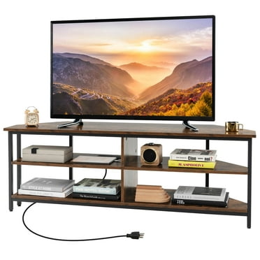 Costway Corner TV Stand for TVs up to 65" TV Console Table with AC Outlets&USB A Ports Rustic Brown