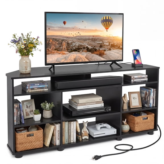 Costway Corner TV Stand for TVs up to55 Inch,4-Tier Entertainment Center with Power Outlets Black