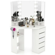 Costway Corner Vanity Desk Cosmetic Vanity Station with LED Mirror & Power Outlets White