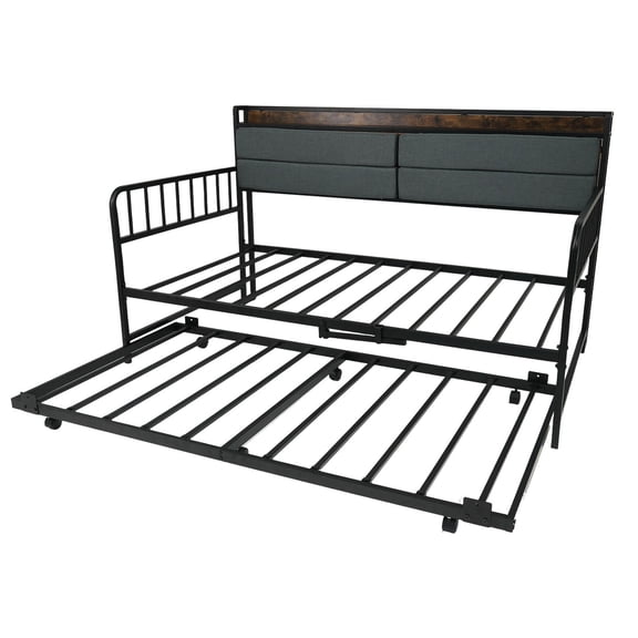 Costway Daybed with Trundle LED Lights Charging Station Upholstered Storage Headboard Rustic Brown & Black