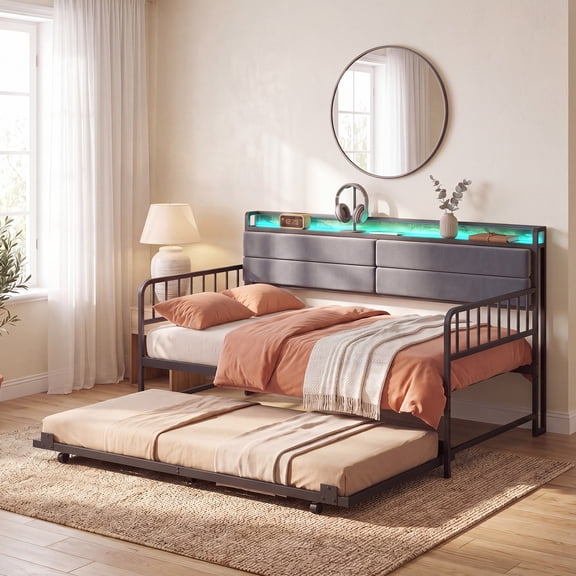 Costway Daybed with Trundle LED Lights Charging Station Upholstered Storage Headboard Rustic Brown & Black