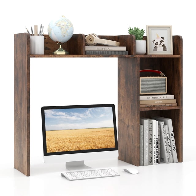 Costway Desk Bookshelf Desktop Storage Organizer Multiple Bookcases, Wood Composite Brown, 27 lbs