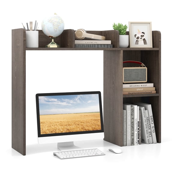Costway Desk Bookshelf Desktop Storage Shelf for Monitors up to 27" with Anti-tip Kits Gray