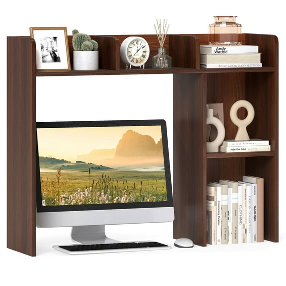 Costway Desk Bookshelf Desktop Storage Shelf for Monitors up to 27" with Anti-tip Kits Walnut