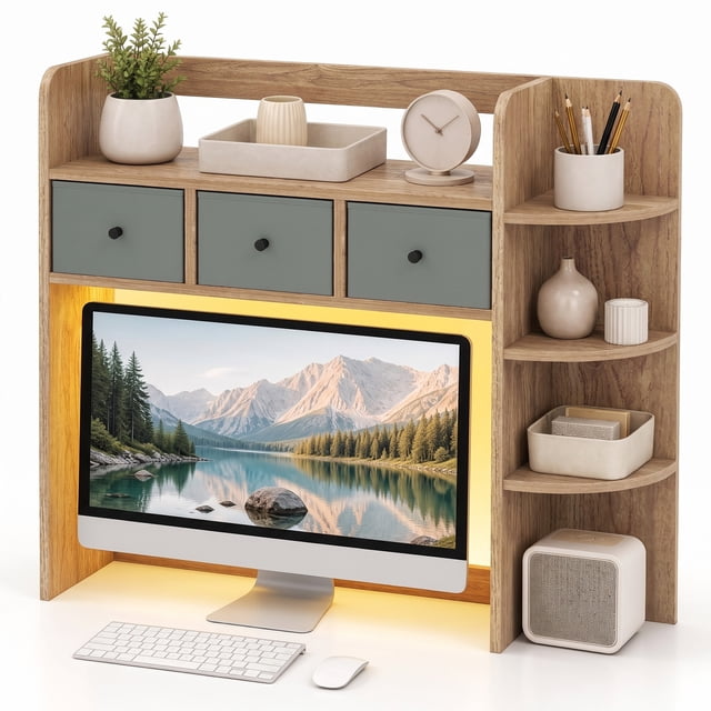Led Downlights Label Costway Desktop Bookshelf, Countertop Hutch Organizer with LED Lights ...