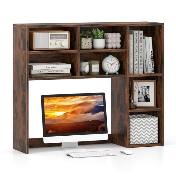 Costway Desktop Bookshelf Desk Storage Hutch with 7 Open Cubbies & 3 Adjustable Shelves Brown