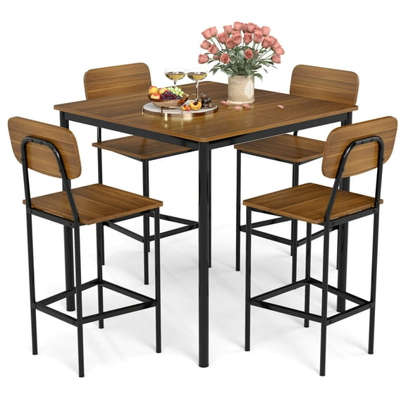 Costway Dining Room 4 Adult Steel Leather Comfort Dining Table with Chair,Brown