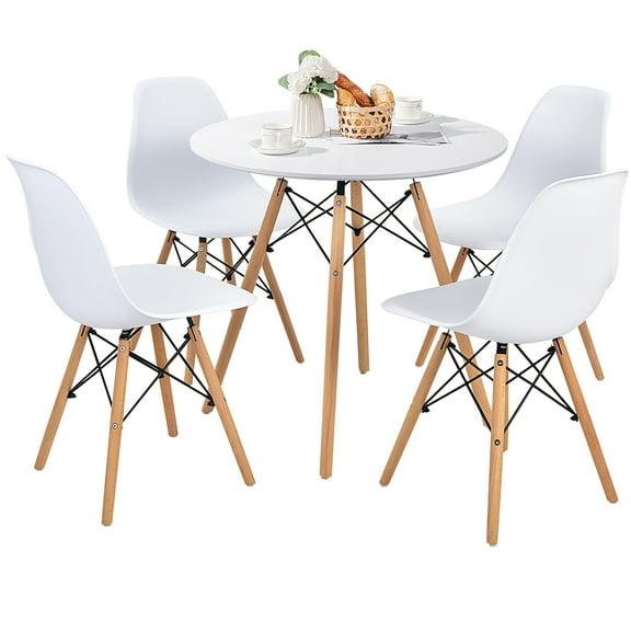 Costway Dining Table Set Modern 5 PCS For 4 Round Dining Room Table Set with Solid Wood Leg White