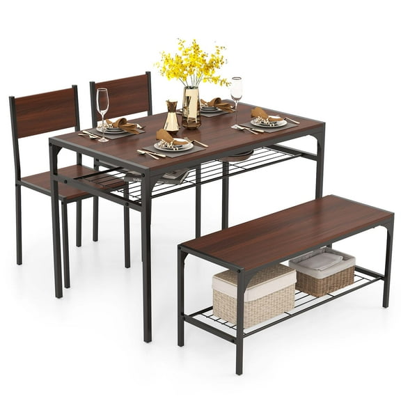 Costway Dining Table Set for 4 Rectangular Table with 2 Chairs, 1 Bench, Storage Racks Brown