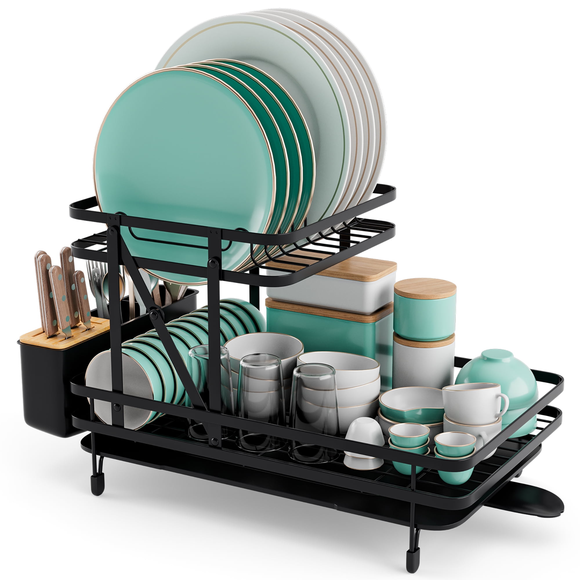 Black Metal and Bamboo 2-Tier Collapsible Dish Drying Rack