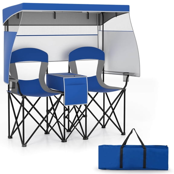 Costway Double Beach Chair with Adjustable Canopy Oversized Folding Camping Chair Navy