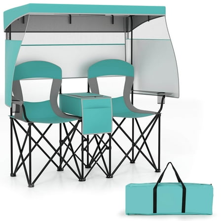 Costway Double Beach Chair with Adjustable Canopy Oversized Folding Camping Chair Turquoise
