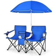 【Costway】 Double Portable Picnic Chairs, Folding Camping Chairs w/Detachable Umbrella, Cooler Bag, Cup Holders, Patio Beach Camping Chairs for Outdoors