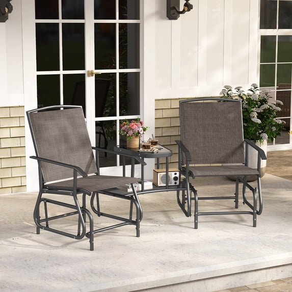 Costway Outdoor Bistro Sets Double Swing Glider Chair Rocker Glass Table Umbrella Hole Brown