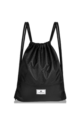 Drawstring Backpack String Bag Folding Sports Sack w/Zipper Pocket Black