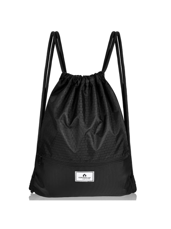 Drawstring Backpack String Bag Folding Sports Sack w/Zipper Pocket Black
