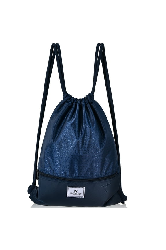 Drawstring Backpack String Bag Folding Sports Sack w/Zipper Pocket Blue