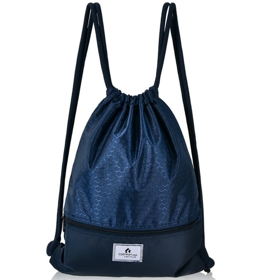 Costway Drawstring Backpack String Bag Folding Sports Sack w/Zipper Pocket Blue