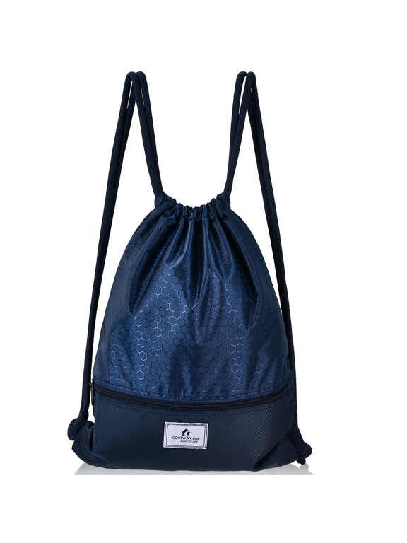 Drawstring Backpack String Bag Folding Sports Sack w/Zipper Pocket Blue
