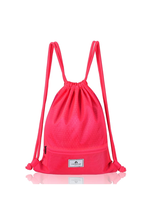 Drawstring Backpack String Bag Folding Sports Sack w/Zipper Pocket Pink